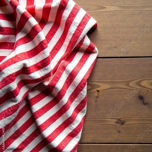 Fototapeta A red and white striped textile resting on a wooden surface, perfect for food photography.