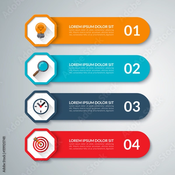 Obraz Infographic elements. Vector design template with 4 options, steps, parts. Can be used for diagram, graph, chart, report, data visualisation, web design