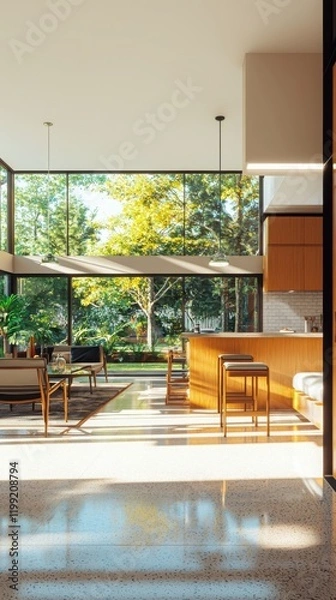 Fototapeta Open concept living space showcasing kitchen dining and living areas in a midcentury modern style surrounded by nature bright and inviting atmosphere