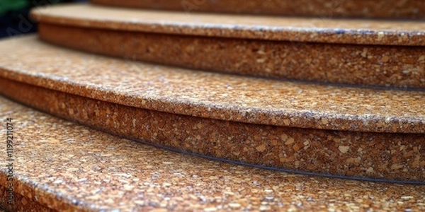 Fototapeta Close-up view of curved, brown cork stairs showcasing their textured surface and unique design.