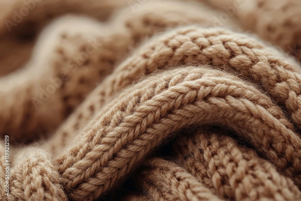 Fototapeta Brown knitted sweater close-up. Textile background, texture. Knitted pattern. Mocha Mousse Tones, Pantone 17-1320, Color Trend 2025