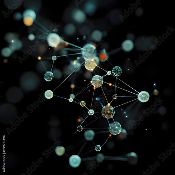 Fototapeta Visualization of generative AI concepts illustrating interconnected data points and digital particles in a dark setting. Generative AI