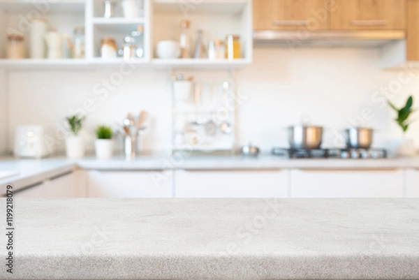 Fototapeta Gray kitchen table top for product display on blurred interior background