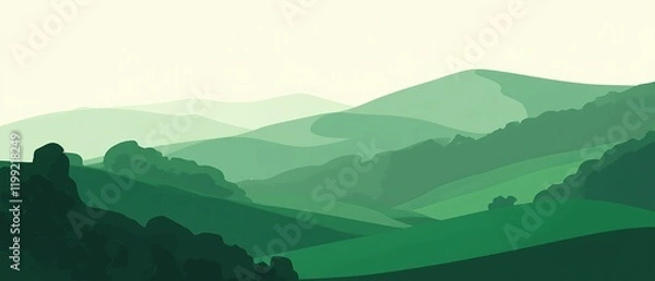 Fototapeta An abstract green landscape illustration with hills and mountains. Made with generative AI