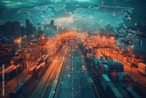 Fototapeta Global shipping hub container port operations overview urban environment digital mapping night view industrial impact