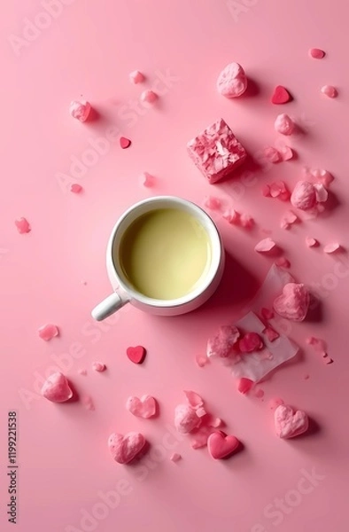 Fototapeta Romantic composition for Valentine's Day with a cup of coffee, heart-shaped candies on a pink background. 