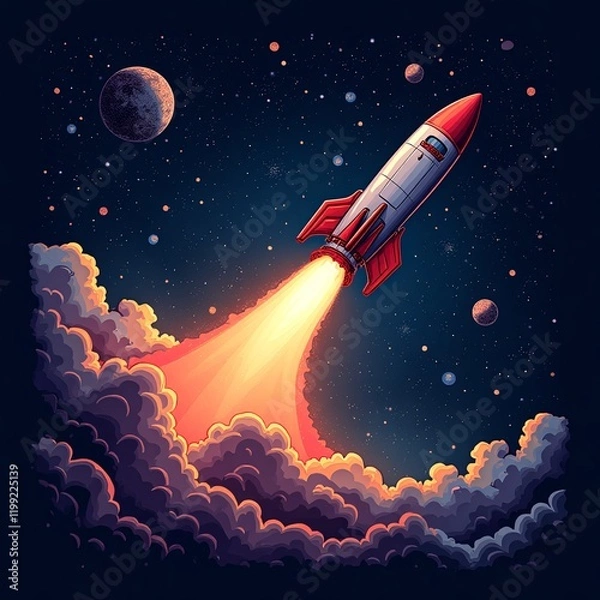 Obraz Stylized Retro Rocket with Red Fins Launching Through Dark Starlit Sky with Vibrant Fire Trail and Cosmic Elements for Space Exploration and Adventure Themes