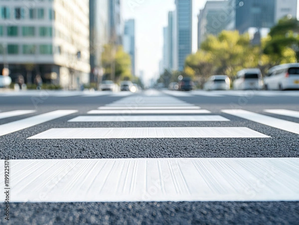 Obraz Crosswalks on city street with modern buildings and vehicles in background, showcasing urban life and infrastructure