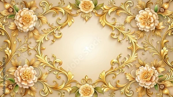 Fototapeta Elegant floral border with golden accents and ornate details, set against a soft pastel background, evoking a sense of luxury and refinement , intricate patterns, gold accents