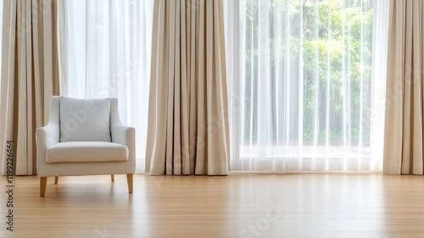 Fototapeta Bright and minimalist living room with cushioned armchair by large window light curtains