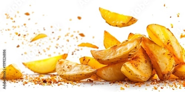 Obraz Delicious crispy seasoned potato wedges and fries sprinkled with spices creating a tantalizing culinary experience on a white background