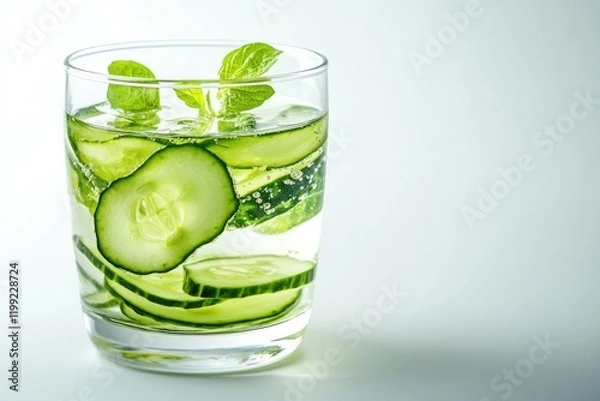 Obraz Refreshing drink with cucumber slices and mint leaves, evoking s