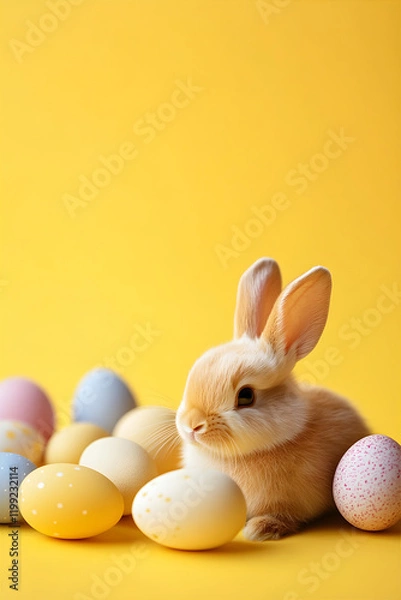 Obraz Cute Easter bunny with painted Easter eggs. Eater Rabbit. Easter egg hunt concept. Solid background with copy sapce. Flyer, banner, advertisement