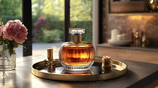 Fototapeta a glass vase with a perfume bottle on a tray