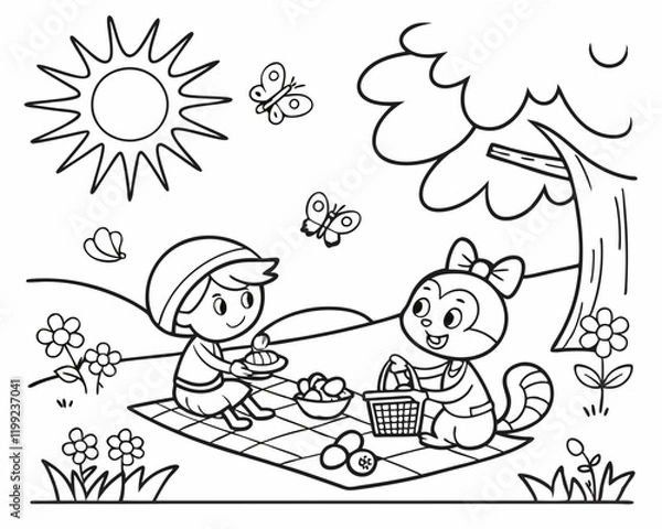 Fototapeta children playing and make picnic  in the garden coloring page vector, cartoon, color, coloring page, children, outline,