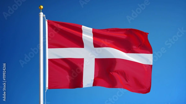 Obraz Denmark flag waving against clean blue sky, close up, isolated with clipping path mask alpha channel transparency