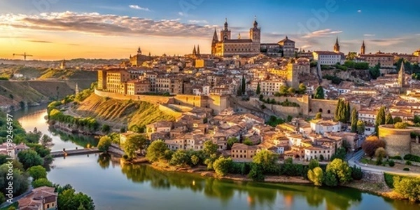Fototapeta Vertical panoramic view of Toledo's old town with cathedral and river