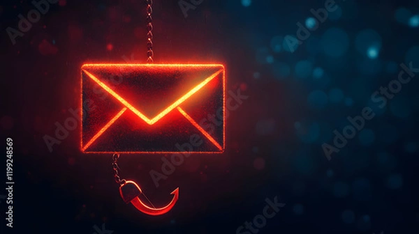 Fototapeta glowing email icon with fishing hook symbolizes phishing attacks, highlighting cybersecurity risks. vibrant colors create striking visual impact