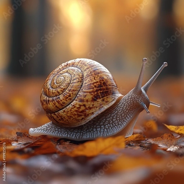 Obraz Snail shell, autumn leaves, forest background.