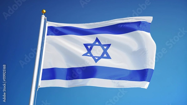 Fototapeta Flaga Izraela macha na tle czystego, błękitnego nieba, z bliska, odizolowana od przezroczystości kanału alfa maski ścieżki przycinającej