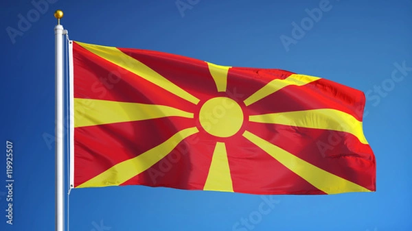 Fototapeta Macedonia flag waving against clean blue sky, close up, isolated with clipping path mask alpha channel transparency