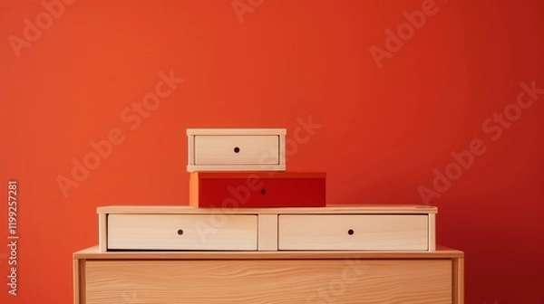 Fototapeta A wood dresser with a drawer in front and two smaller drawers stacked on top, against an orange wall.