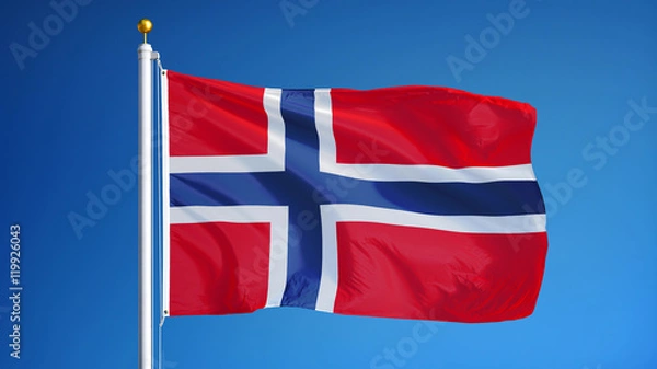 Obraz Norway flag waving against clean blue sky, close up, isolated with clipping path mask alpha channel transparency