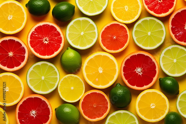 Fototapeta Citrus Fruits Background flat lay on yellow Background