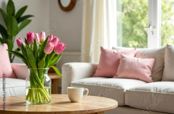 Fototapeta Brightly colored tulips are arranged in a glass vase on a wooden coffee table beside a warm, inviting couch