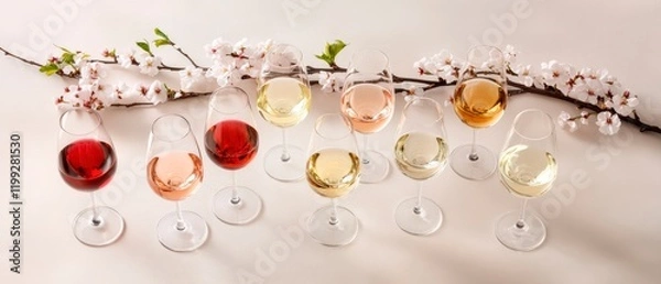 Obraz Description:
Wine tasting lineup featuring different varieties from red to rosé and white wines in elegant glasses, arranged beneath blooming cherry blossom branch on light background. Generative AI