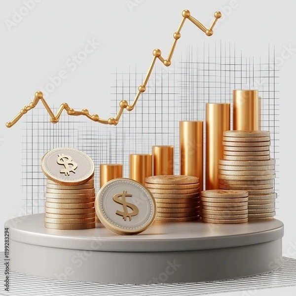 Fototapeta A dynamic 3D composition showcasing money growth, featuring gold coins and dollar bills on a transparent podium. Includes graphical elements like an upward stock chart and profit indicators, symbolizi