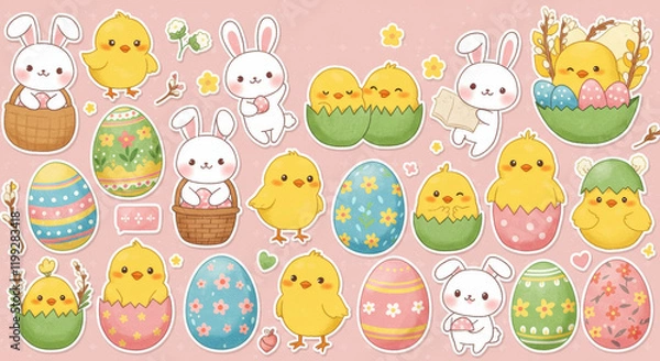 Fototapeta Cute easter bunny and chick characters with colorful eggs on pink background