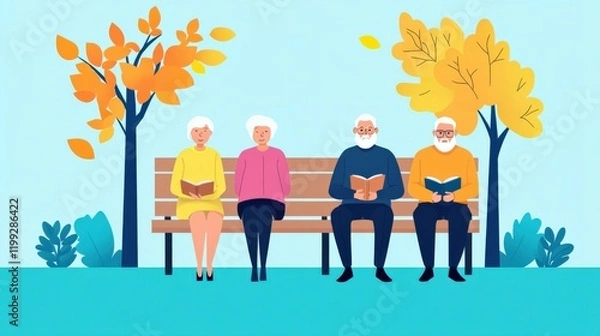Fototapeta Group of elderly people sitting on a bench enjoying reading books in a colorful autumn park setting