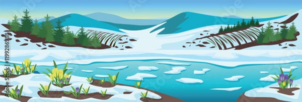 Fototapeta Panoramic spring landscape with river, mountains, forest, fields, melting snow and crocuses. Beautiful spring background illustration. Vector