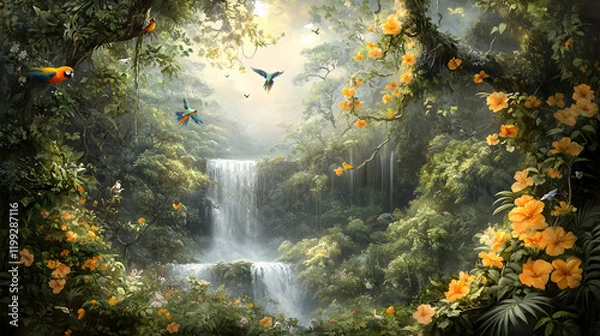 Fototapeta Serene rainforest waterfall scene with vibrant parrots and blooming yellow flowers.  Ideal for nature-themed projects, home decor, or calming visuals.