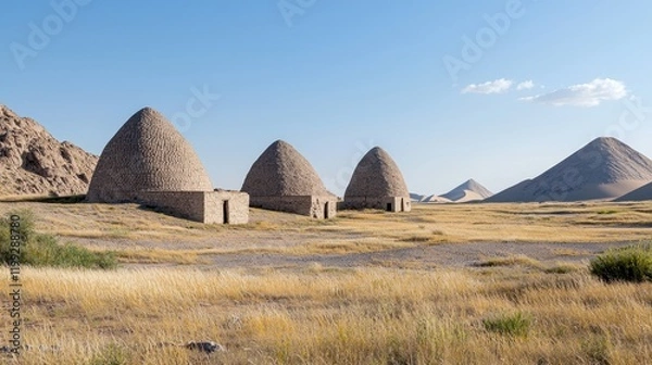 Fototapeta Ancient Stone Conical Structures in Arid Landscape