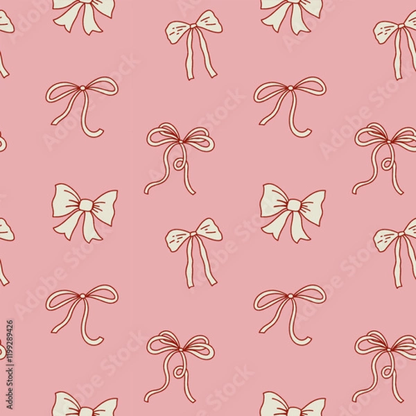 Fototapeta Girly pattern with bows and ribbons. Hand drawn vector pattern. Doodle style. Illustration for wrapping paper, wallpaper, clothing and more.