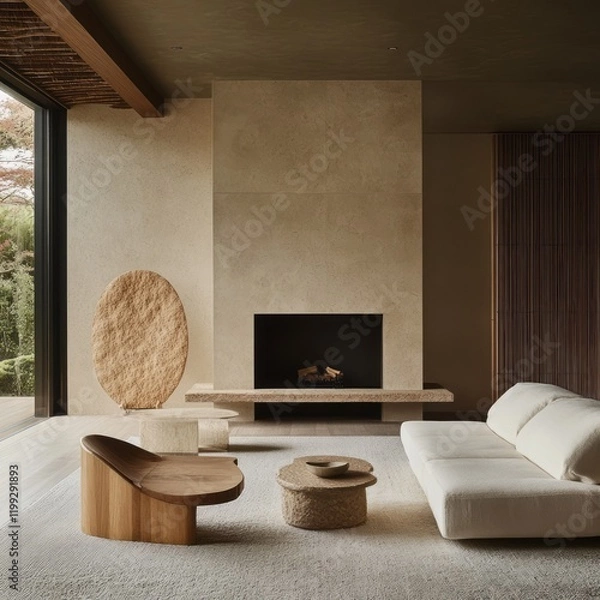 Fototapeta Modern Minimalist Living Room With Stone Fireplace