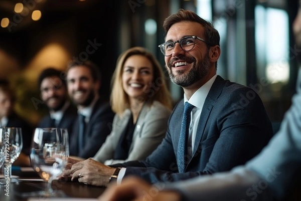Fototapeta Panelists at a corporate event engaging in lively conversation, sharing unique perspectives. The professional yet informal atmosphere fosters active participation 