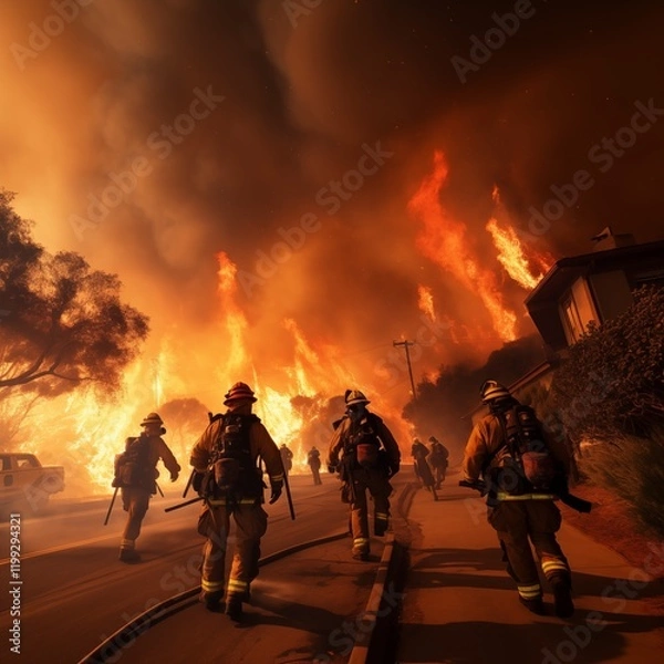 Fototapeta A team of firefighters, with smoke billowing into the sky, Generative Ai