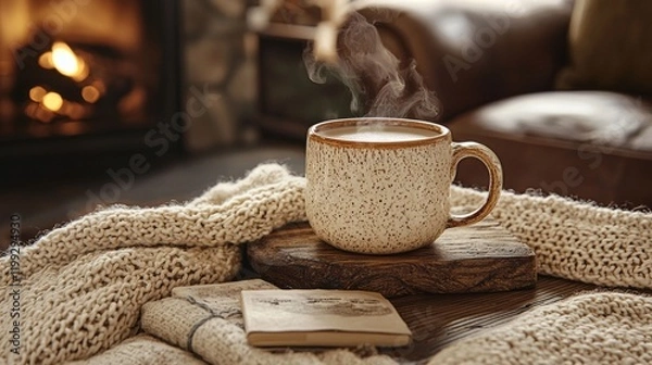 Fototapeta Nestled among soft, creamy blankets, a steaming mug sits on a rustic wooden board, inviting warmth and comfort. The gentle glow of a nearby fireplace enhances the cozy atmosphere