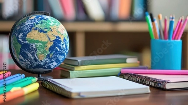 Fototapeta Global Education: Desk with Globe, Books, and Colorful Stationery