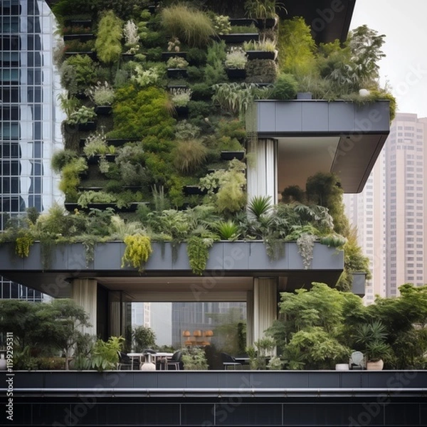 Fototapeta lush greenery and sustainable urban architecture, Generative Ai