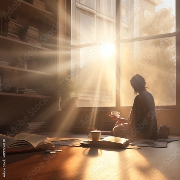Fototapeta A person meditating by a large window with sunlight streaming in, Generative Ai