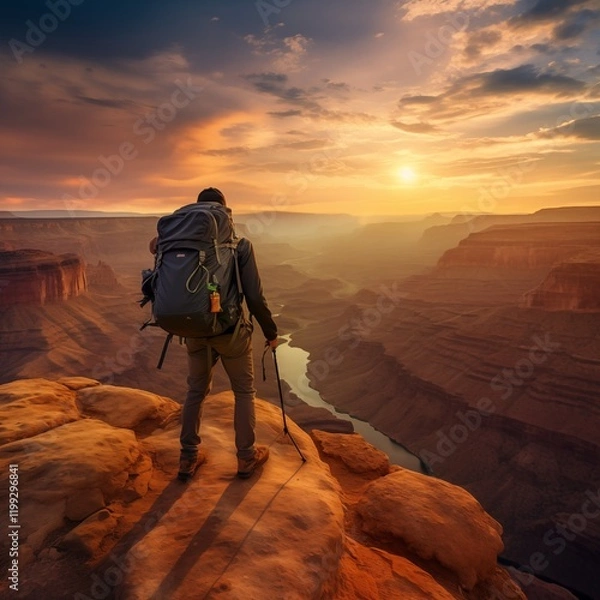 Fototapeta A hiker standing on a cliff edge at sunset, Generative Ai