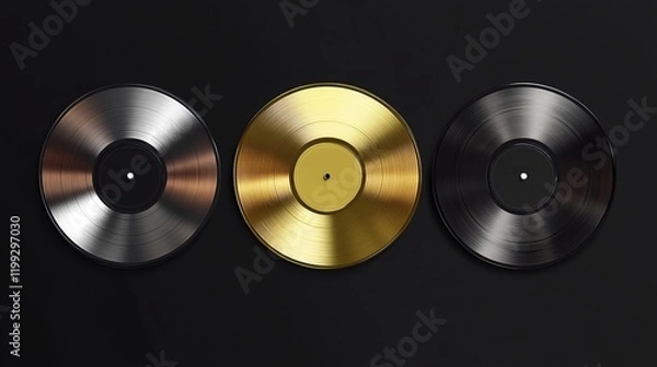 Obraz Realistic vinyl record designs featuring gold, silver, platinum, and rose gold metallic discs, representing music awards or chart-topping albums. Vector mockup set
