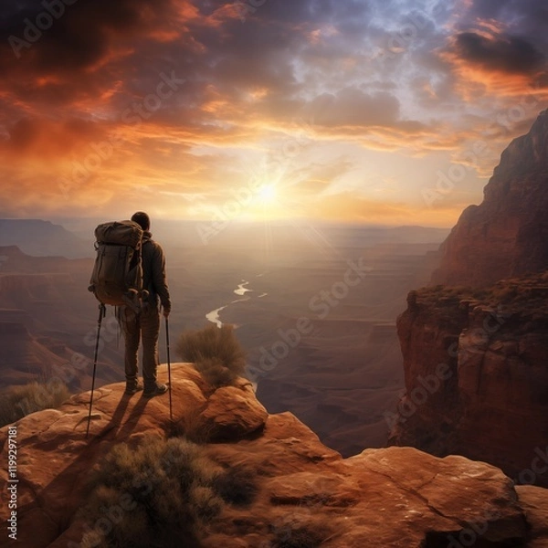 Fototapeta A hiker standing on a cliff edge at sunset, overlooking a vast canyon, Generative Ai