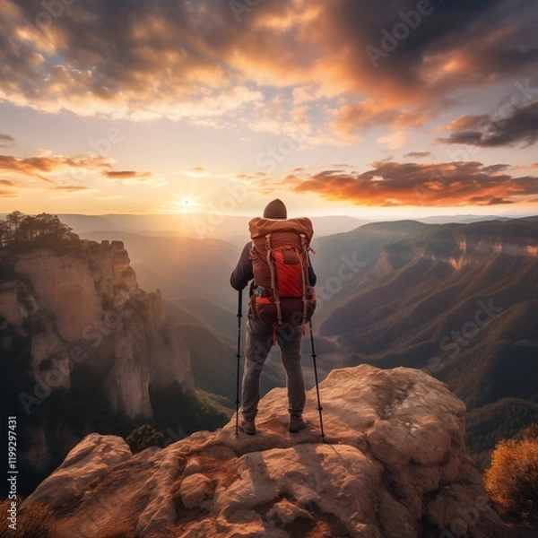 Fototapeta A hiker standing on a cliff edge at sunset, overlooking a vast canyon, with a backpack, Generative Ai