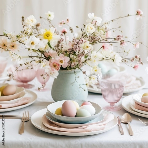 Fototapeta A pastel-themed Easter table setting with minimalist floral arrangements, hand-painted eggs, and linen napkins, Generative Ai