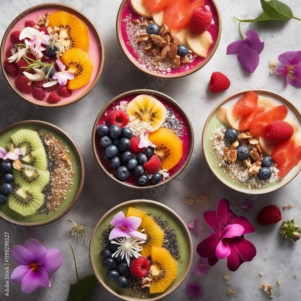 Fototapeta Vibrant smoothie bowls topped with fresh fruit, Generative Ai
